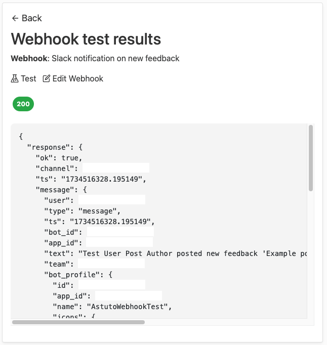 Webhook test page, showing a successful response